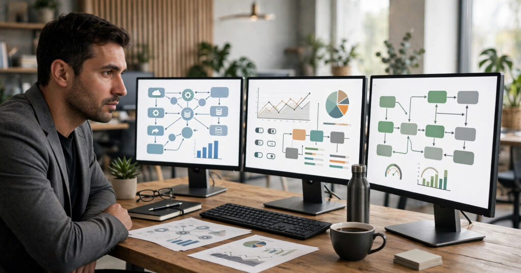 Business owner comparing automation workflow dashboards across three monitors