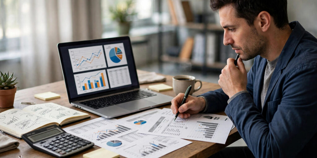 Business owner reviewing marketing costs with a calculator and budget reports