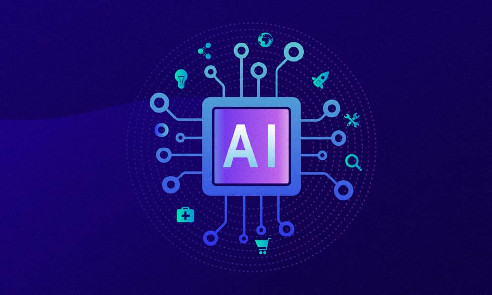 AI chip illustration with connected digital icons, representing AI-powered marketing strategy