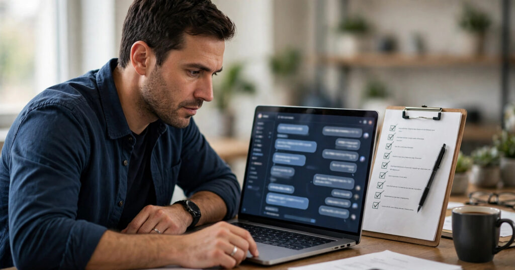 Avoiding Common Mistakes in Generative Engine Optimization Owner reviewing AI chat answers against a checklist to avoid mistakes