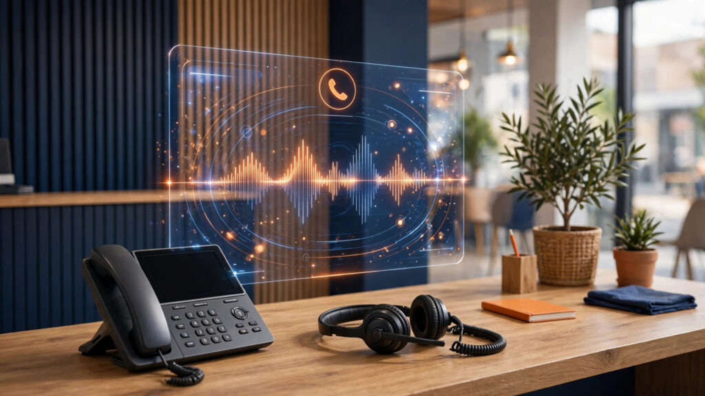 AI receptionist answering a business call — front desk phone with an AI voice interface
