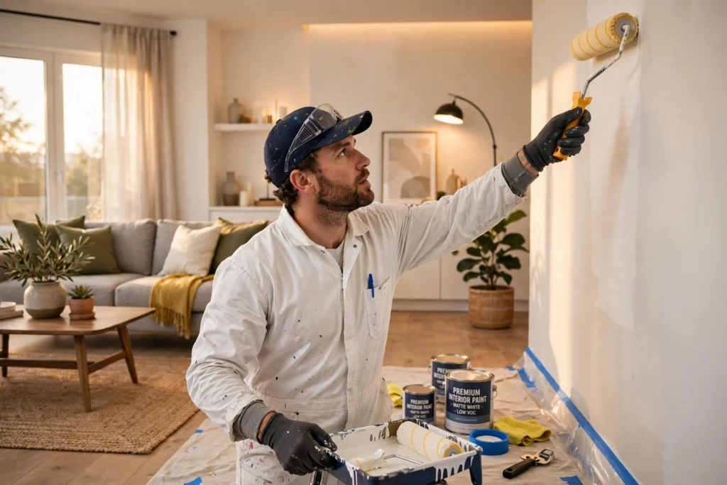 Professional painter applying fresh paint with a roller on a bright interior wall