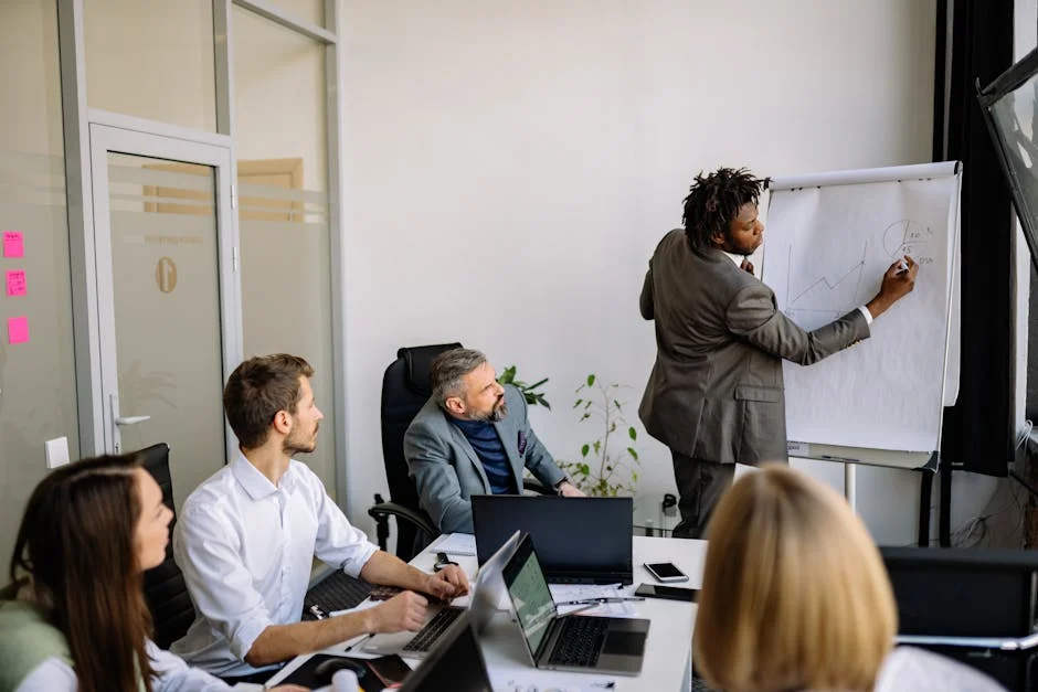 Business team planning strategy around a whiteboard, illustrating AI automation implementation planning