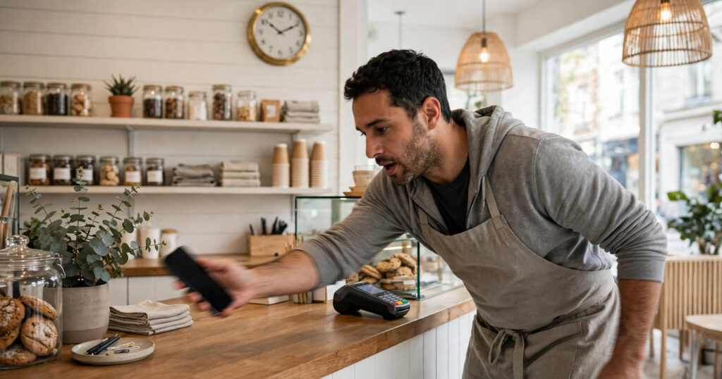 Cafe owner grabbing a ringing phone the moment it rings - answering a new lead in seconds